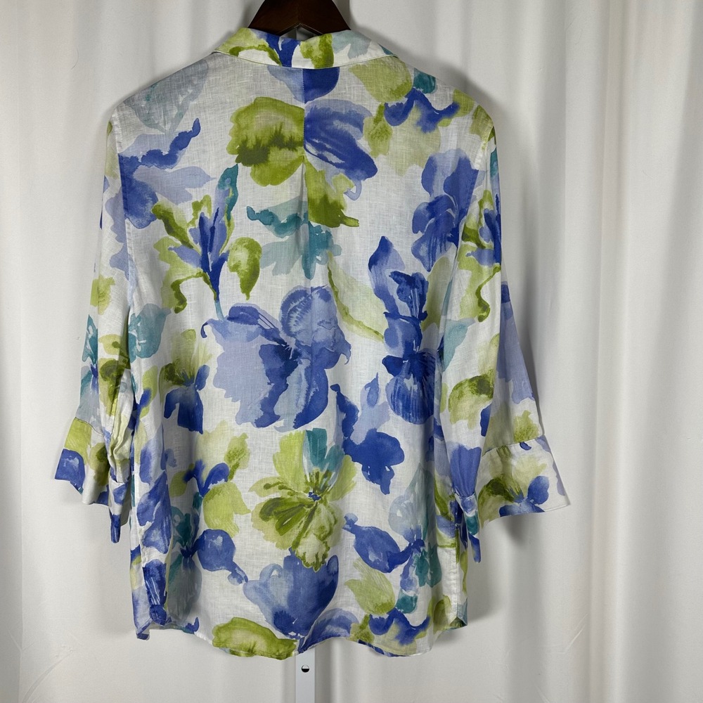 Chico's Blue Green Watercolor Floral No-Iron 100% Linen Button-up 16 XL Artsy - Picture 5 of 8